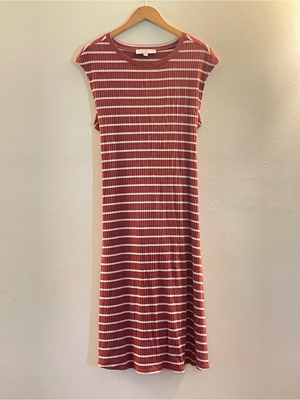 LOFT Rust-White Striped Ribbed Cap-Sleeve Midi Dress